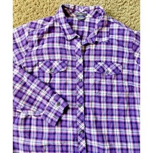 Eddie Bauer Womens SHIRT 2X Collared Purple Navy Plaid Button Up Classic Fit